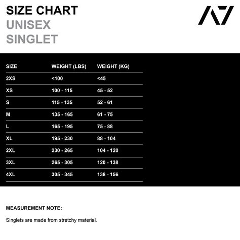 a7 singlet size chart